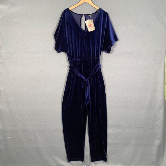Lily Rose Juniors Velvet Jumpsuit Size XL Blue Belted Flutter Sleeves V-neck NWT - Picture 2 of 14